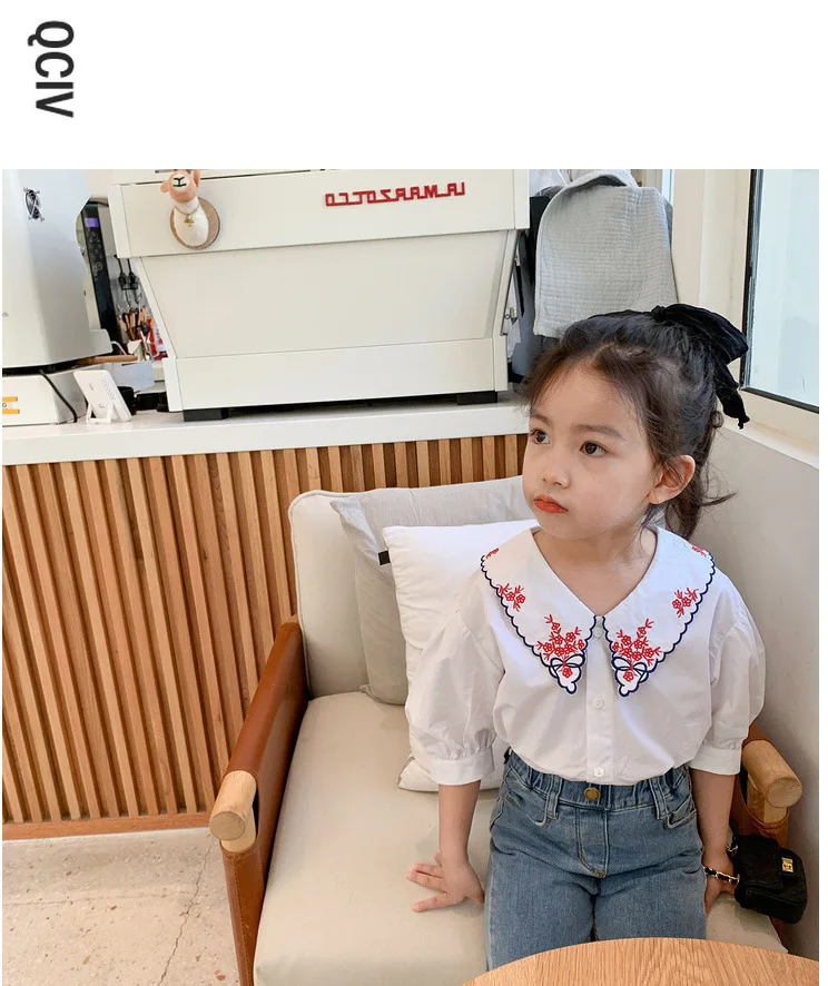 

Baby Floral Cotton Shirt Little Girls Flower Embroidery Turn-down Collar Blouses Kids Cotton Plaid Short Sleeve Tops Clothes