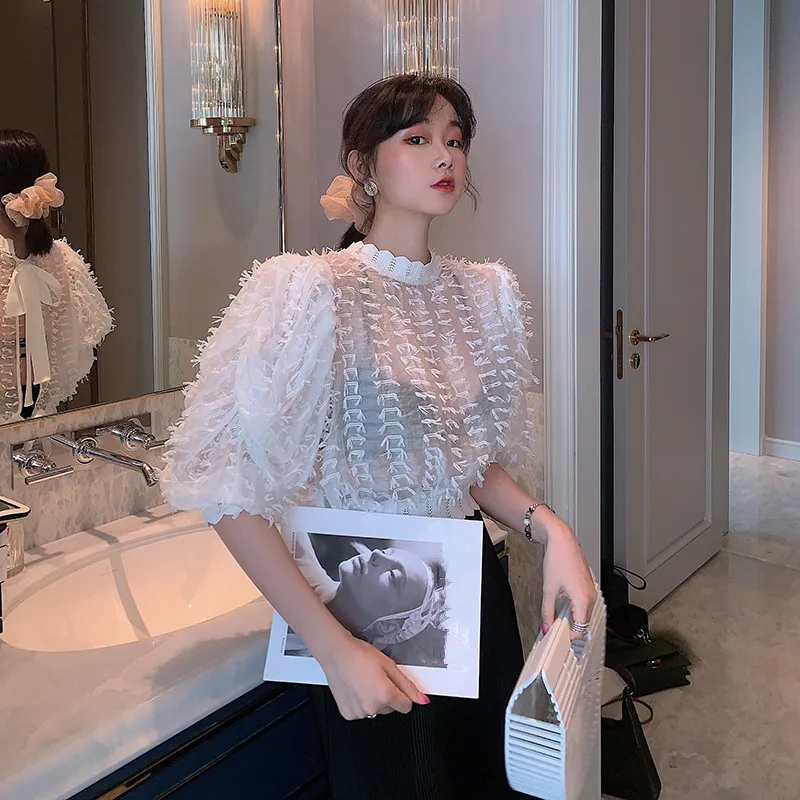 WHITNEY WANG Blouses 2020 Summer Fashion Streetwear Sexy Back Split Bow Feathery Blouse Women Blusas Lady Shirt Tops | Женская одежда