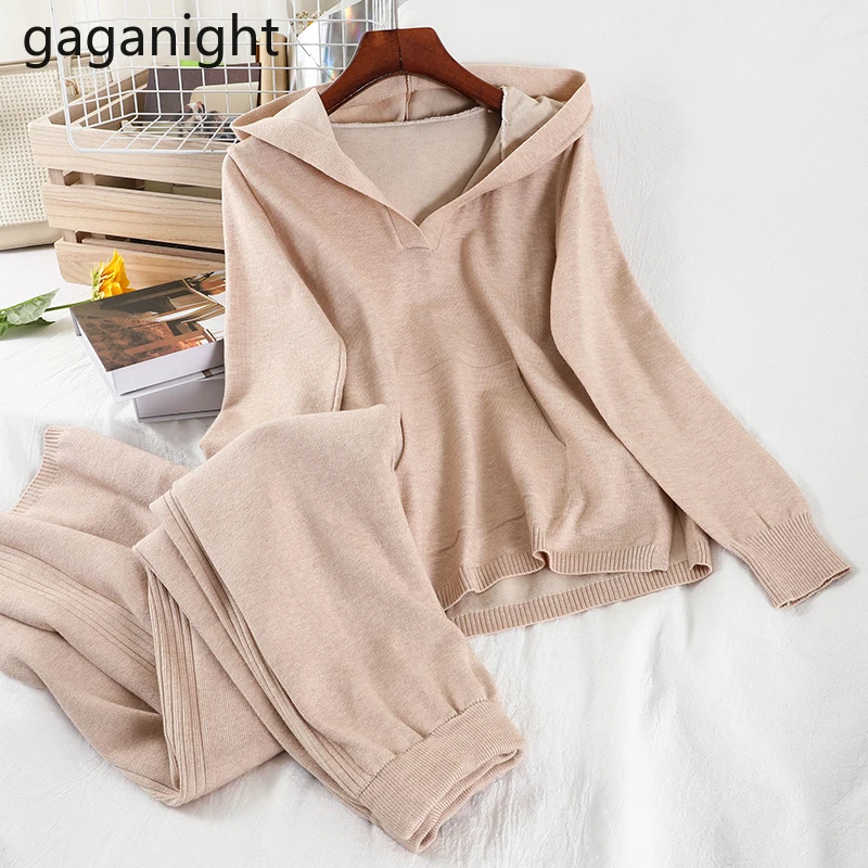 

Gaganight осень-зима наряды вязаная Комплект из 2 предметов Женская Повседневная Толстовка с капюшоном и свободные штаны, комплект со штанами, к...