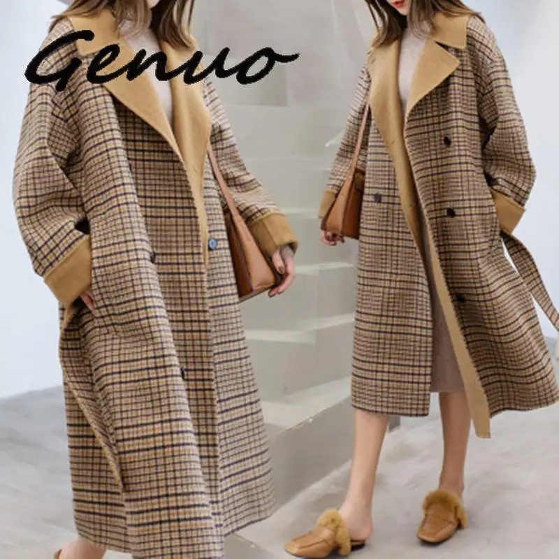 

Женское шерстяное пальто в стиле хепберн, свободное длинное пальто большого размера с длинным рукавом, верхняя одежда в европейском стиле н...