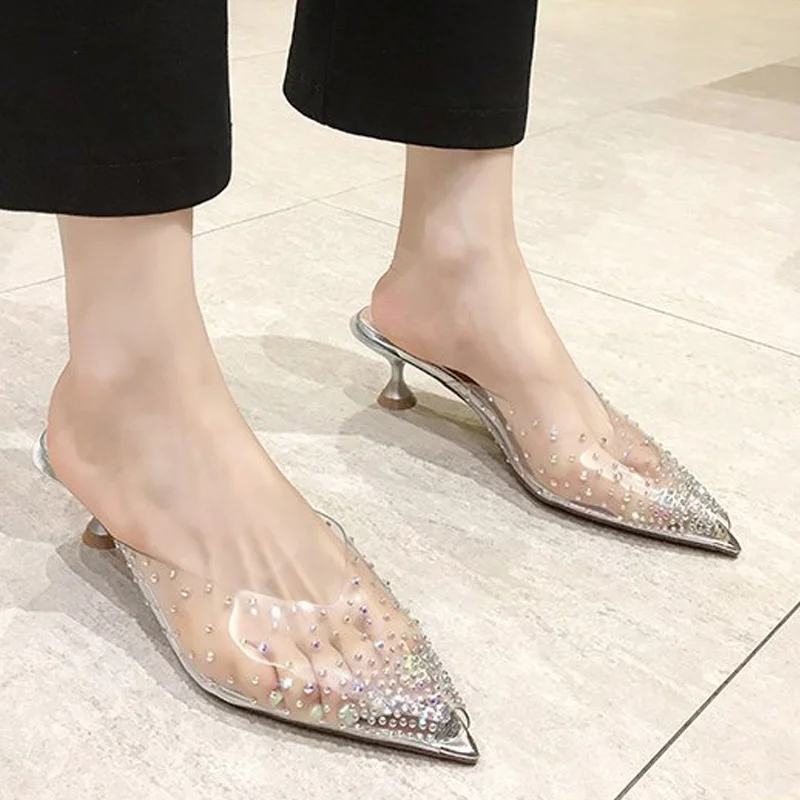 

Women Pointed Toe Thin Heels Slippers Lace Shoes Fashion Summer Suede Leather Ladies Slides Outdoor Female Sandals Elegant 2021