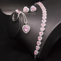 funmode 4pcs pink color heart shape cubic zircon bridal jewelry sets for female wedding jewelry accessories wholesale fs93