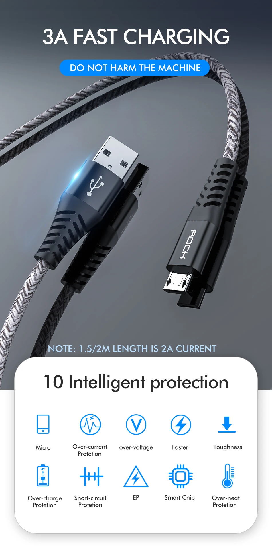 ROCK 1 м 2 м микро USB кабель 3 А Быстрая зарядка для samsung Xiaomi huawei Android мобильный телефон кабель для передачи данных провод микро быстрое зарядное устройство кабель