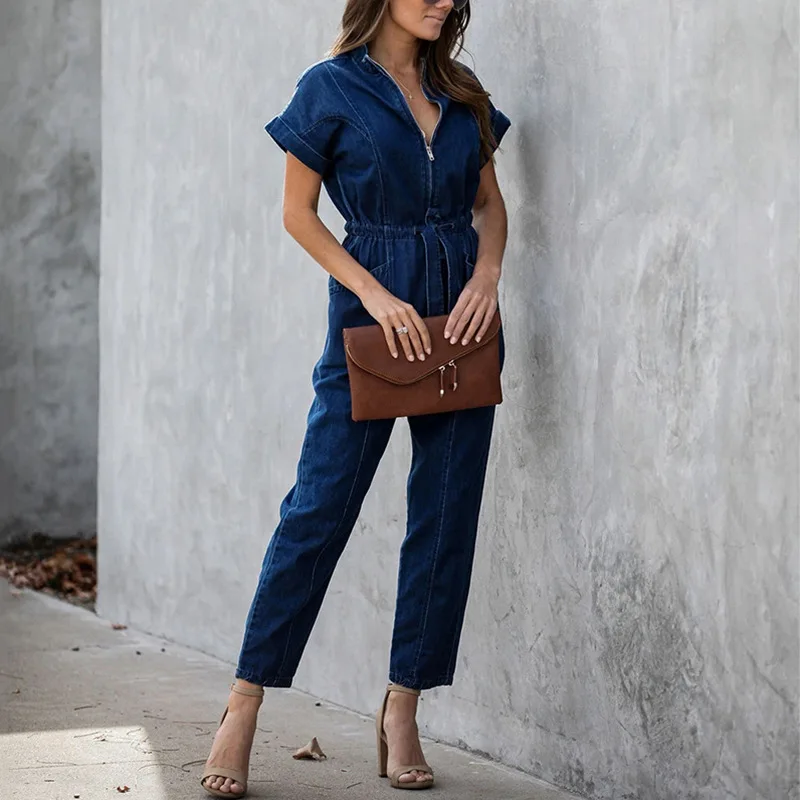 Женский Повседневный джинсовый комбинезон на молнии с v образным вырезом и