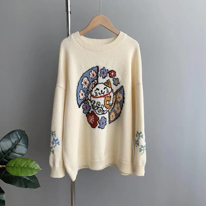 

Knitted Sweater Women Fashion Cartoon print Long Sleeve Pullover Women 2020 Autumn Winter Sweaters Jumpers Tops p2194