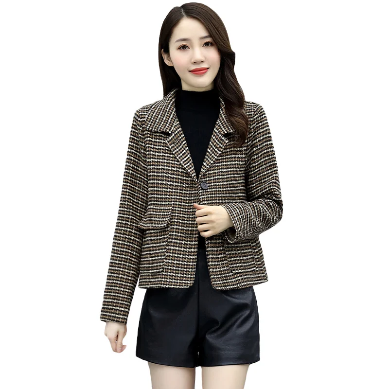 

2021 Spring Autumn New Fashion Slim Coat Plaid Woolen Jacket Long-sleeved Outwear Women's Short Basic Coat Female Wool Coats