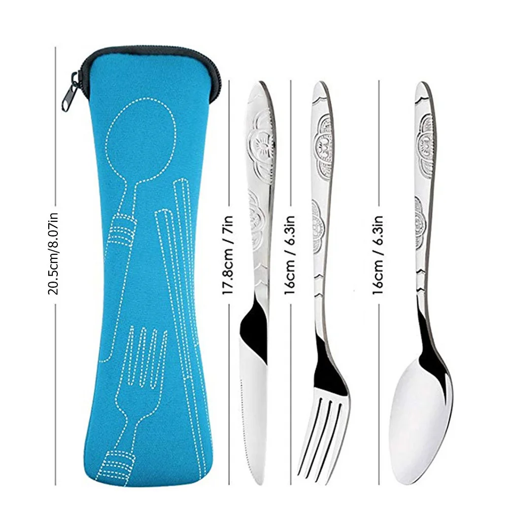 

3pcs Set Dinnerware Portable Printed Stainless Steel Spoon Fork Steak Knife Set Travel Cutlery Tableware with Bag