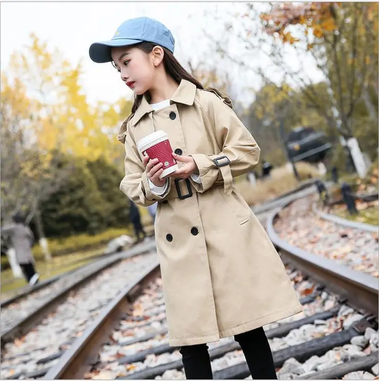 Длинная Верхняя одежда для девочек весенний детский ветрозащитный двубортный