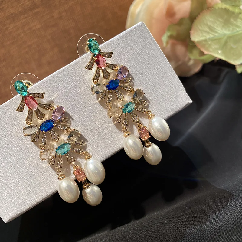 

Bilincolor Red CZ White Pearl Long Vintage Tassel Earring for Women