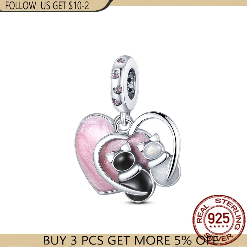 

New Arrival 100% 925 Sterling Silver Loving couple cats Charms Beads Fit Original Pandora Bracelet&Bangle Making Women Jewelry