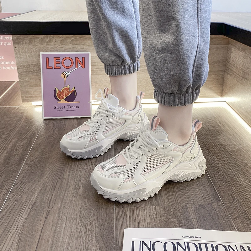 

Women Platform Sneakers 2021 Spring Fashion Female Lace up Casual Flat Shoes Trainers Gray Pink Thick Sole Chunky Sneaker