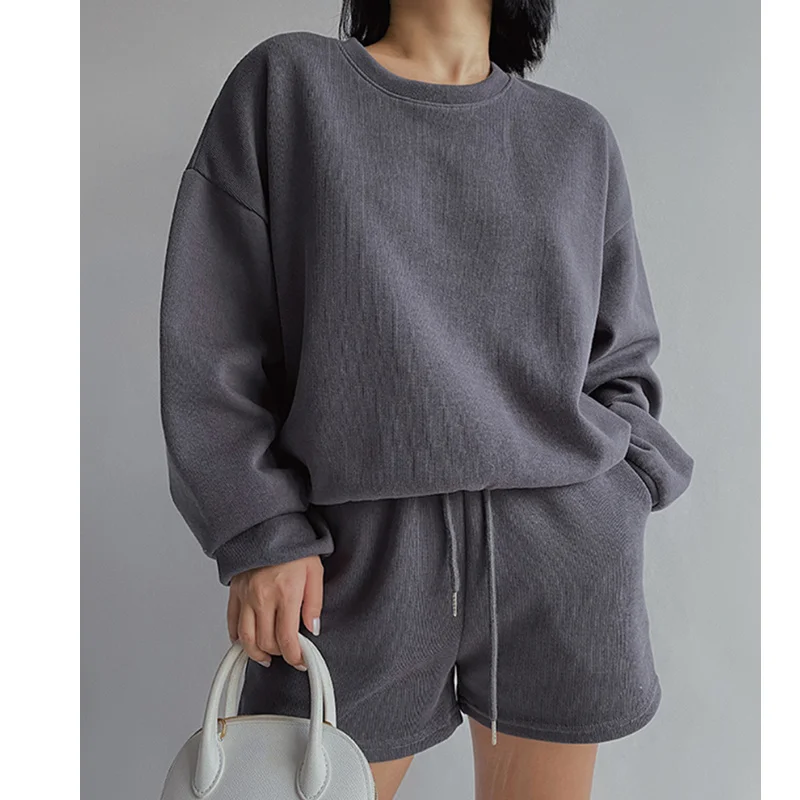 

Women High Quality Hoodies Tracksuits 2 Piece Set Summer Autumn Sweatshirt + Sporting Shorts Outfit Solid Pants Suit