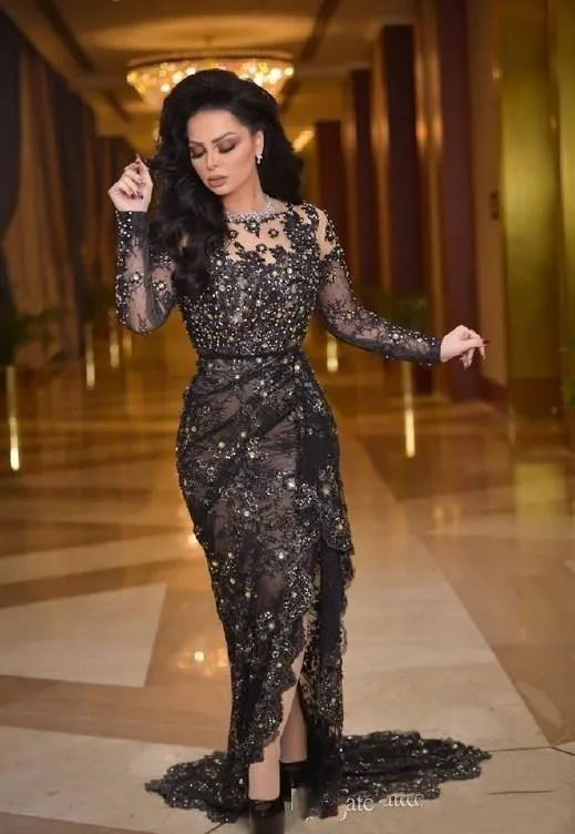 Черное кружевное вечернее платье с длинным рукавом и разрезом платья для