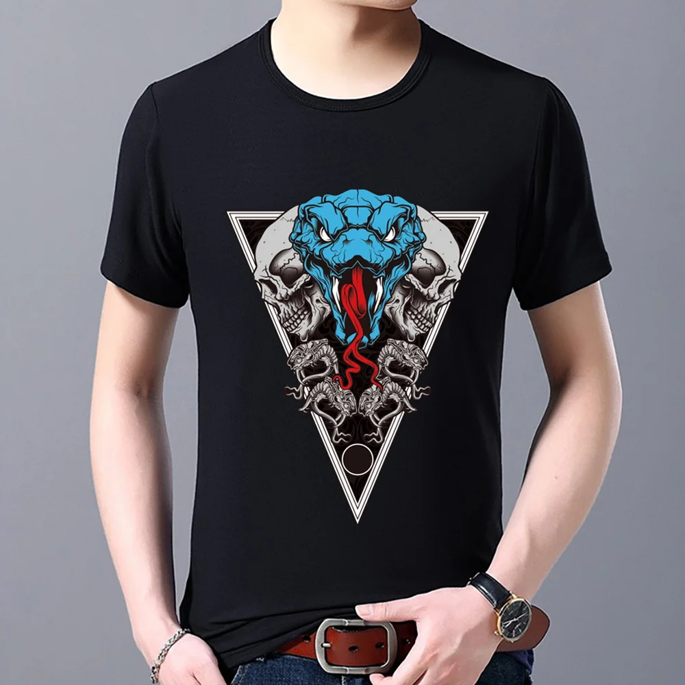 

Classic Black Men's T-shirt Fashion Casual Commuter Blue Cobra Print Pattern Top Round Neck Youth Harajuku Slim Short Sleeves