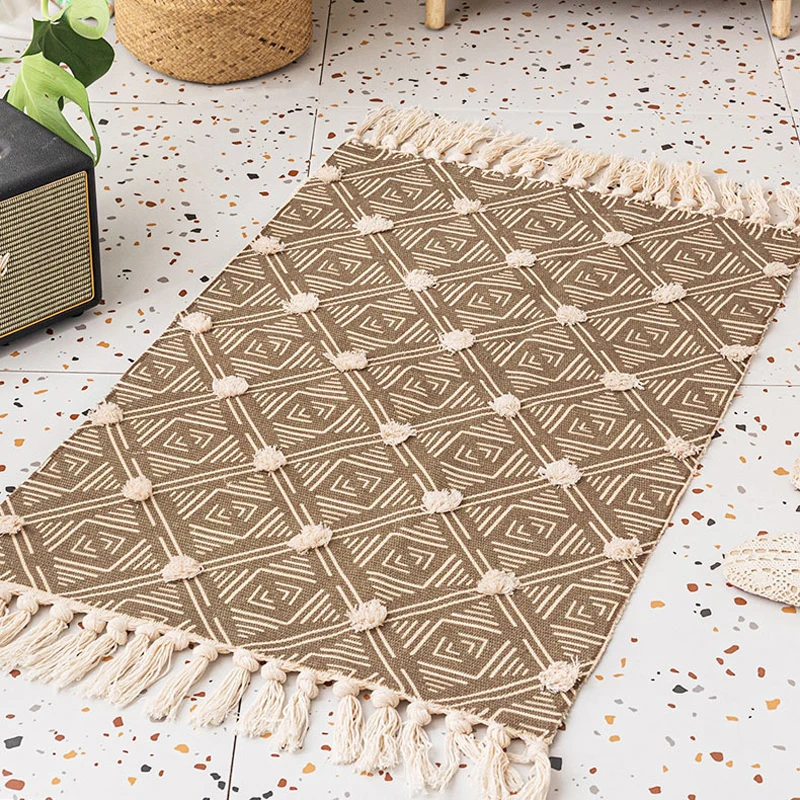 Богемный коврик из хлопка и льна с кисточками стеганый геометрический тканый