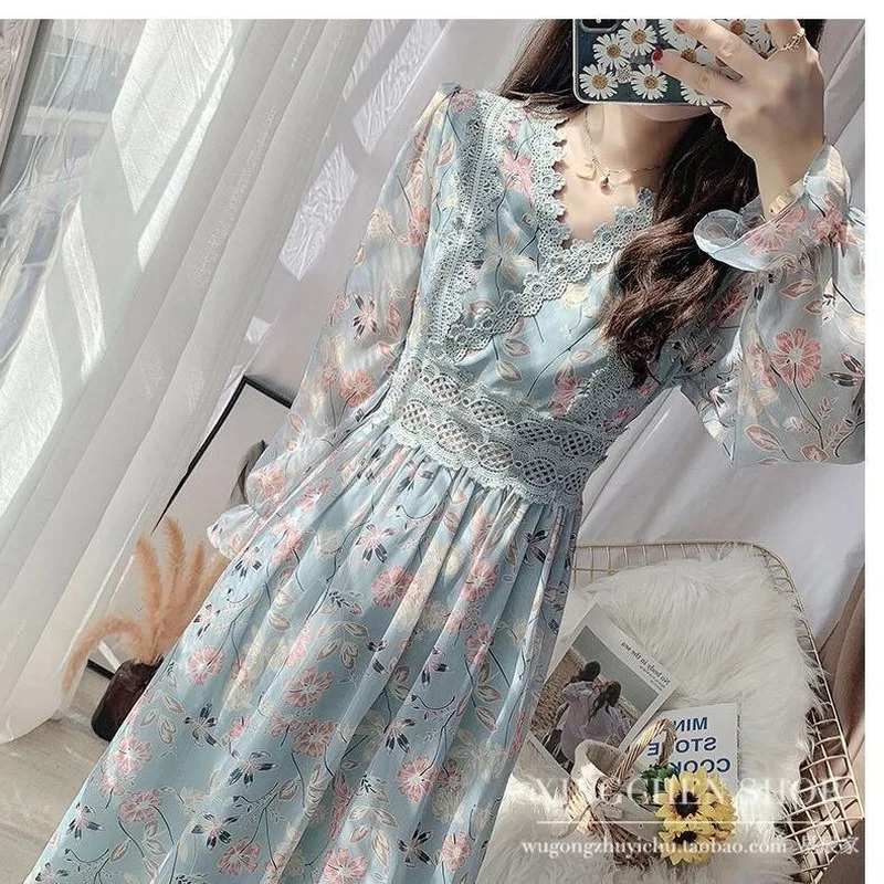 

Женское длинное шифоновое платье с цветочным принтом, лоскутное винтажное миди-платье трапециевидной формы в Корейском стиле с лепестками ...