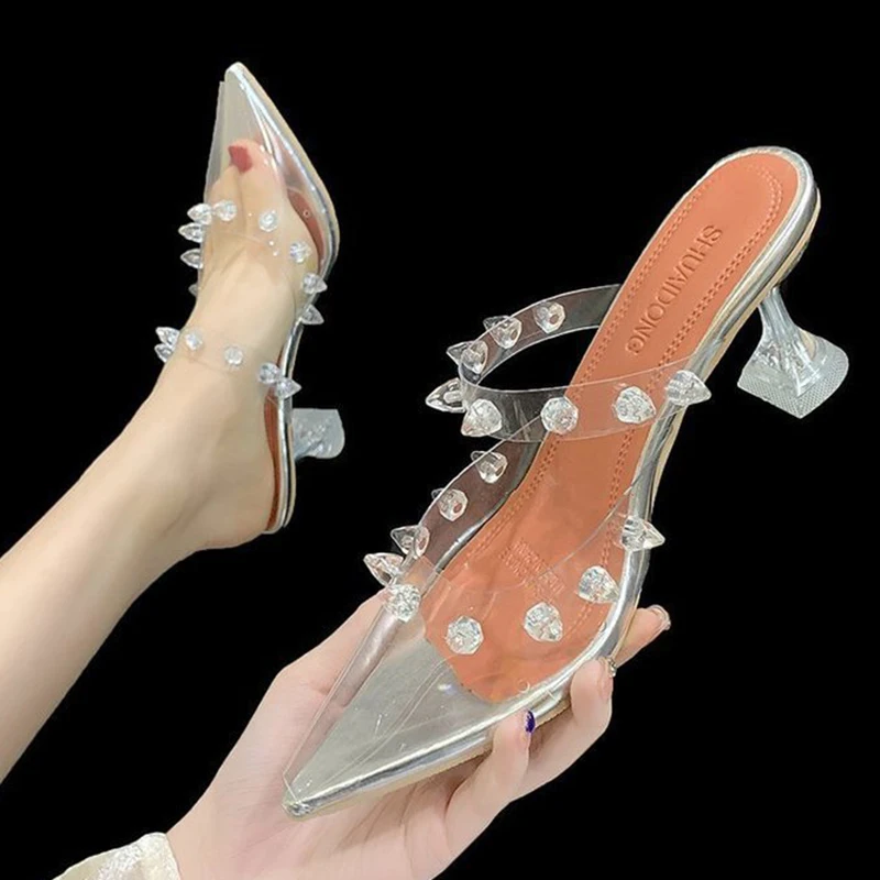 

Women Sandals 2021 Summer Transparent Slip-on High Heels Sewing Pointed Toe Peep Toe Summer Shoes Fashion Strange Style