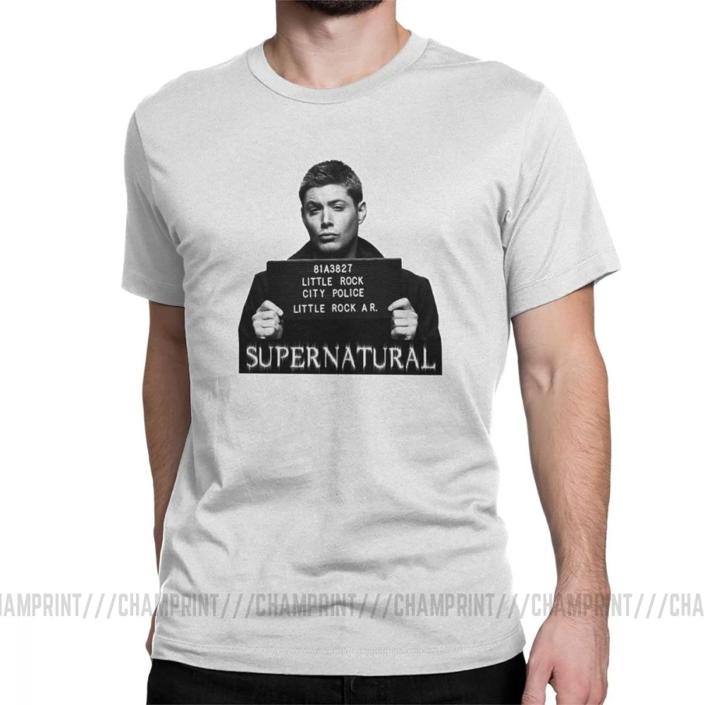 Dean Mugshot футболка Сверхъестественное SPN Brothers футболка мужские топы размера плюс забавная футболка с круглым вырезом из чистого хлопка - Цвет: Белый