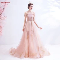 pink prom dress long 2020 off shoulder tulle lace applique beading evening gown pleats hi lo sweep train women dresses stock