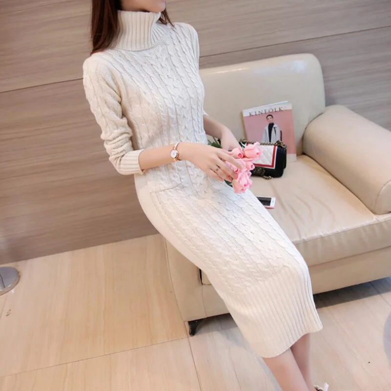 

Winter Sweater Women 2019 New High Collar Twist Knit Sweater Dress Winter Bottoming Warm Sweater Ladies Fashion Vestidos A1048