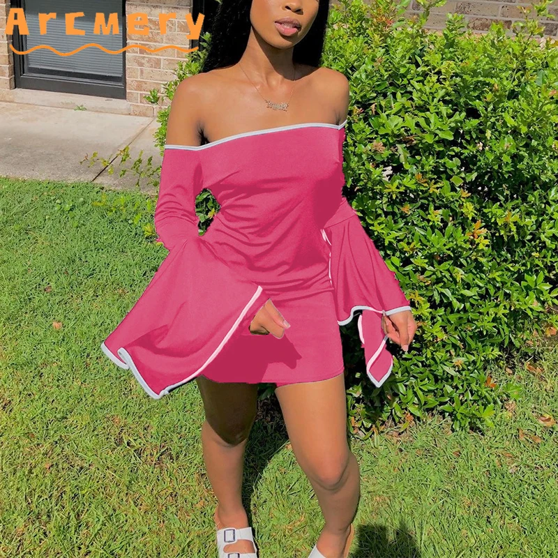 

Women Solid Off Shoulder Flare Sleeve Bodycon Mini Dress