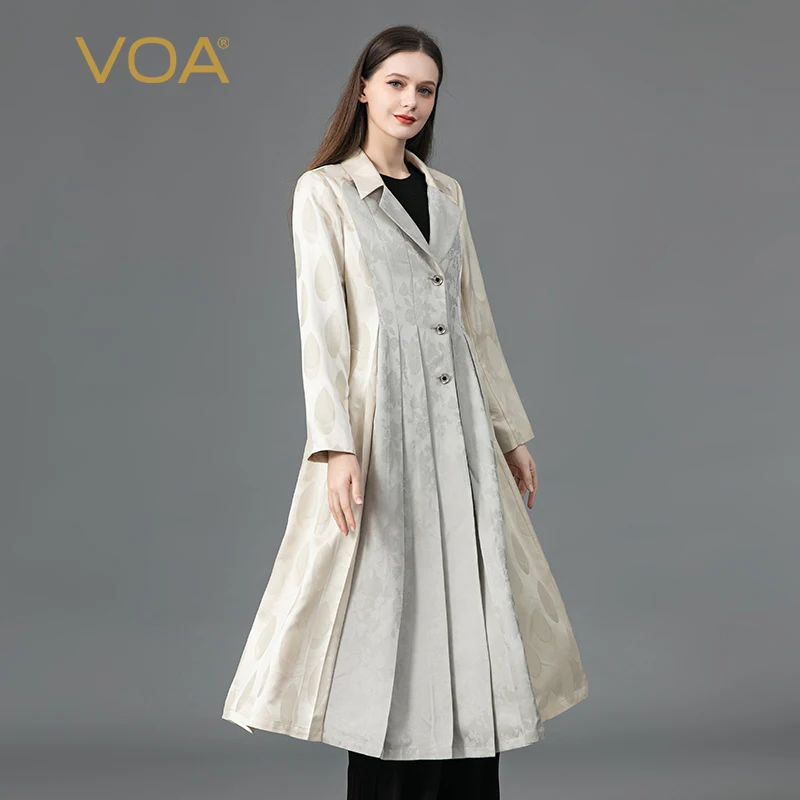 

VOA Vintage Silk Jacquard Floral Spliced Turn-down Collar Silk Trench Coat Autumn Long Sleeves Single Breasted Women Coats FE178