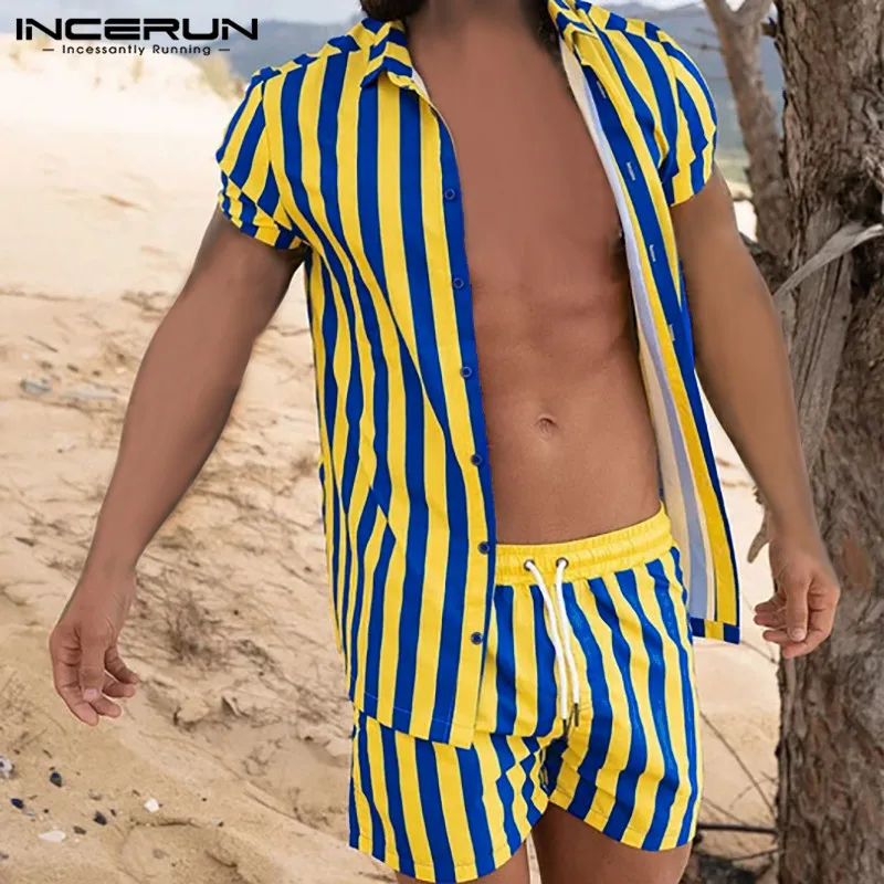 

Fashion Striped Suits Short Sleeve Lapel Tops Drawstring Shorts 2 Pieces INCERUN Men Sets Man Summer Beach Sets Streetwear S-3XL