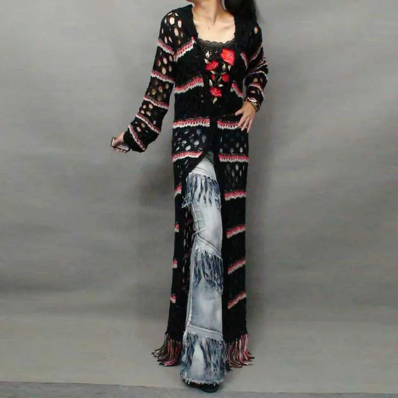 Женский трикотажный кардиган с кисточками повседневное длинное пончо разрезом