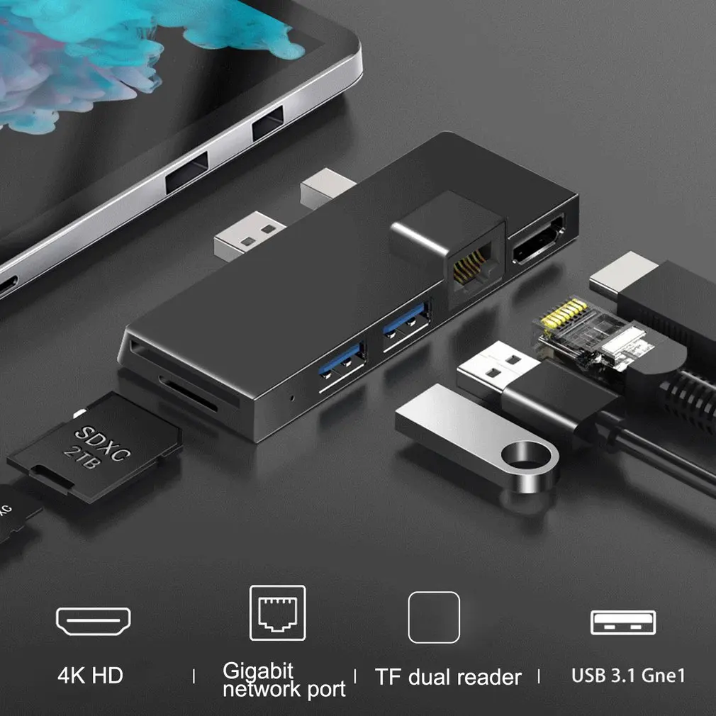 

Usb-хаб для Microsoft Surface pro 6/4/5 6 в 1 USB/Mini DP to 4K HDMI-совместимый/Gigabit Ethernet /USB3.1/SD TF hub Splitter