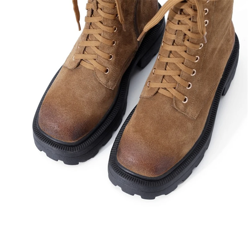 spesifikasi Sepatu Bot Motor Suede Sapi Wanita Berenda Sepatu Bot Hak Tinggi Tebal Sepatu Ujung Persegi Ritsleting Gotik Seksi Simpul Silang Kulit Asli