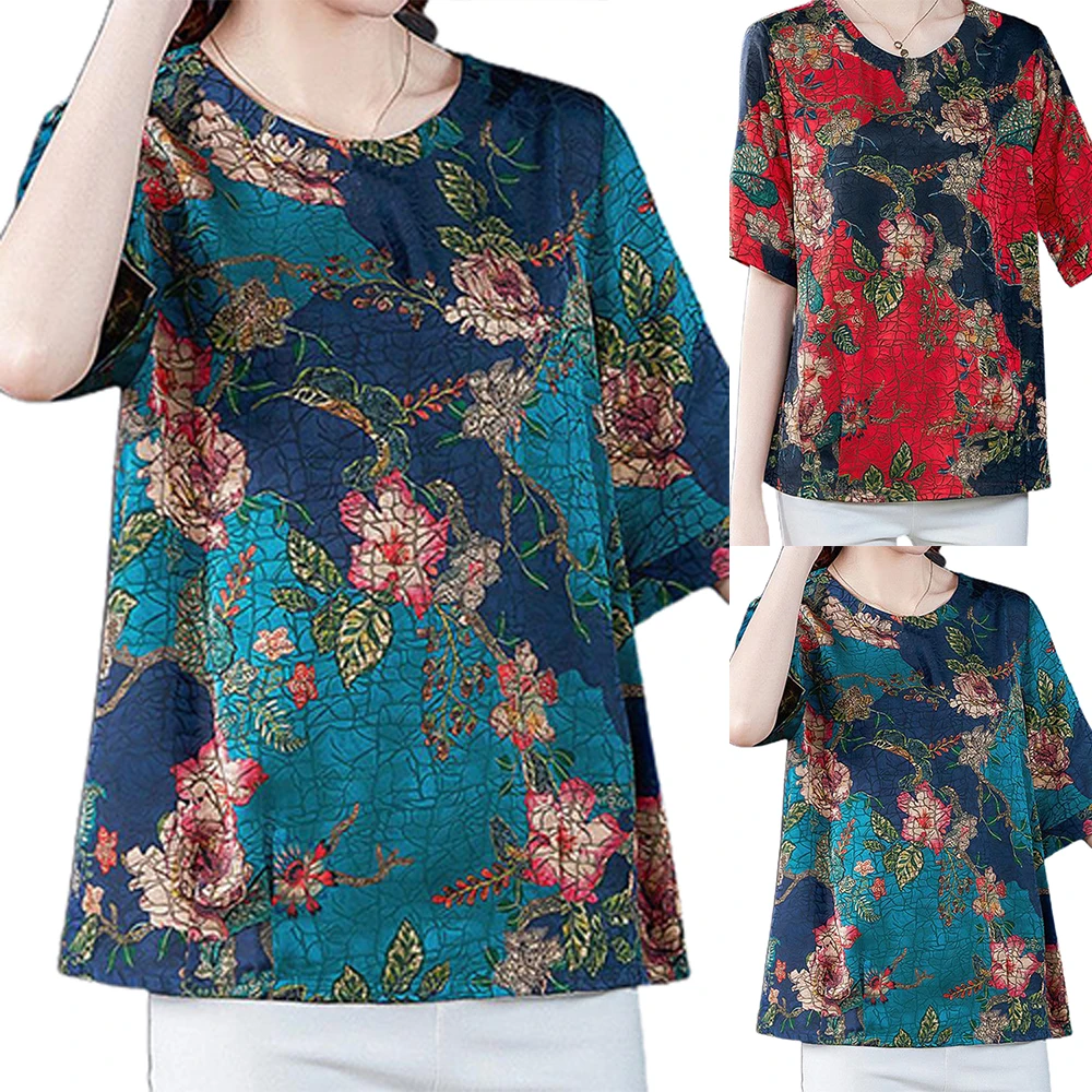 

Women Crew Neck Short Sleeve Printed T-Shirt Casual Loose Blouse Tops Plus Size