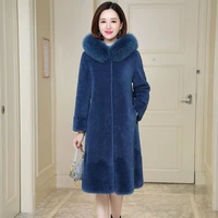 real fox fur collar winter 2021 womens sheep shearing jacket mother plus size warm hooded fur coat thick female long overcoat