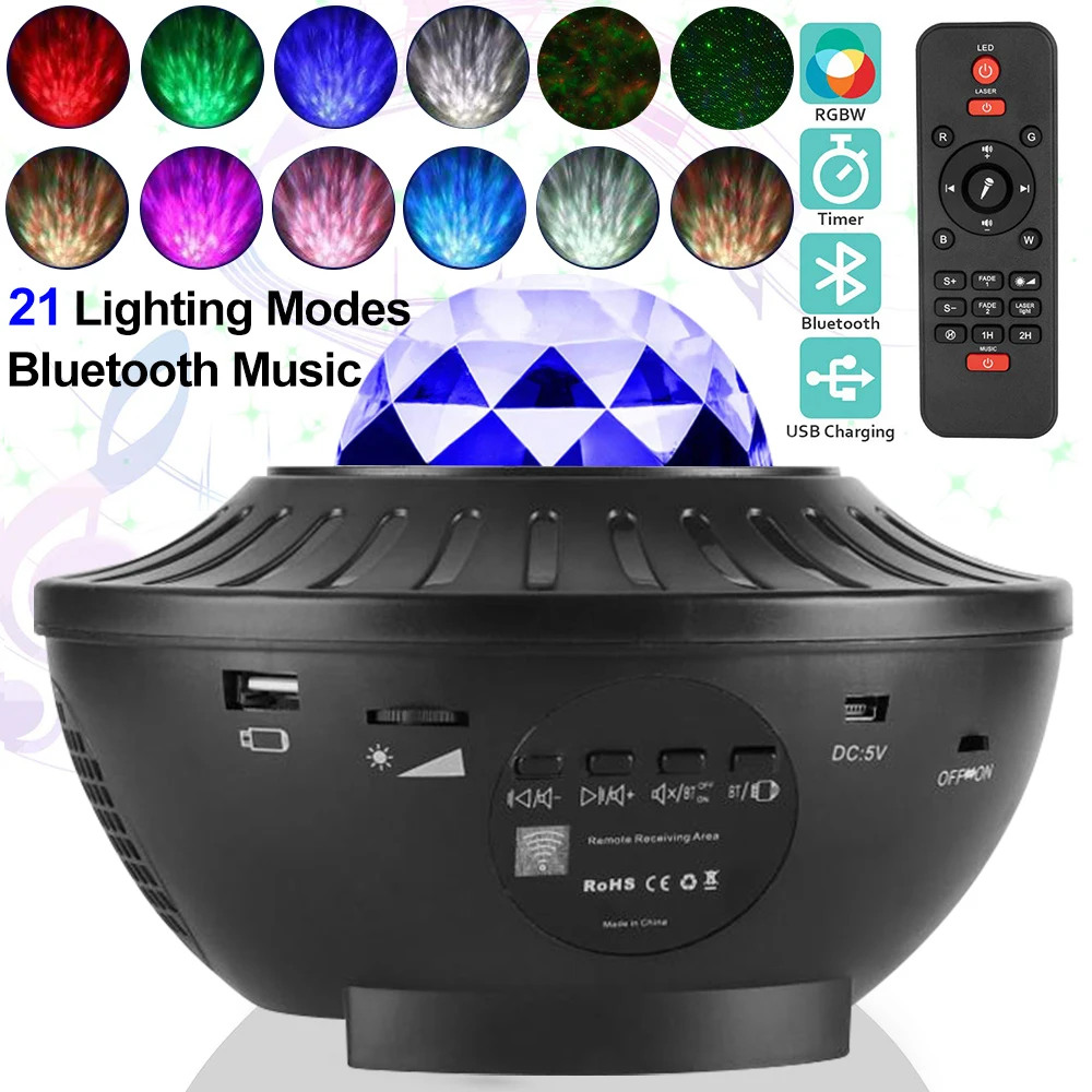 

Galaxy Starry Night Lamp LED Star Projector Colorful Light Ocean Wave 21 Colors with Music Bluetooth Remote Control Kids Gifts