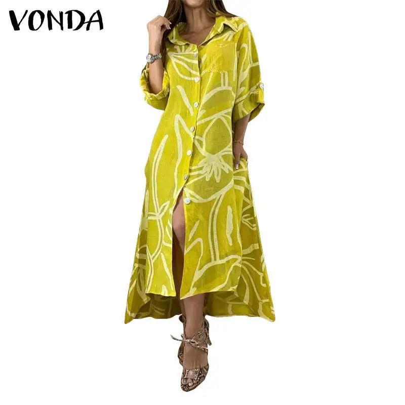 

Spring Women Dress 2021 VONDA Casual Loose Long Sleeve Lapel Party Shirt Vestidos Holiday Vintage Printed Long Dress Femme Robe