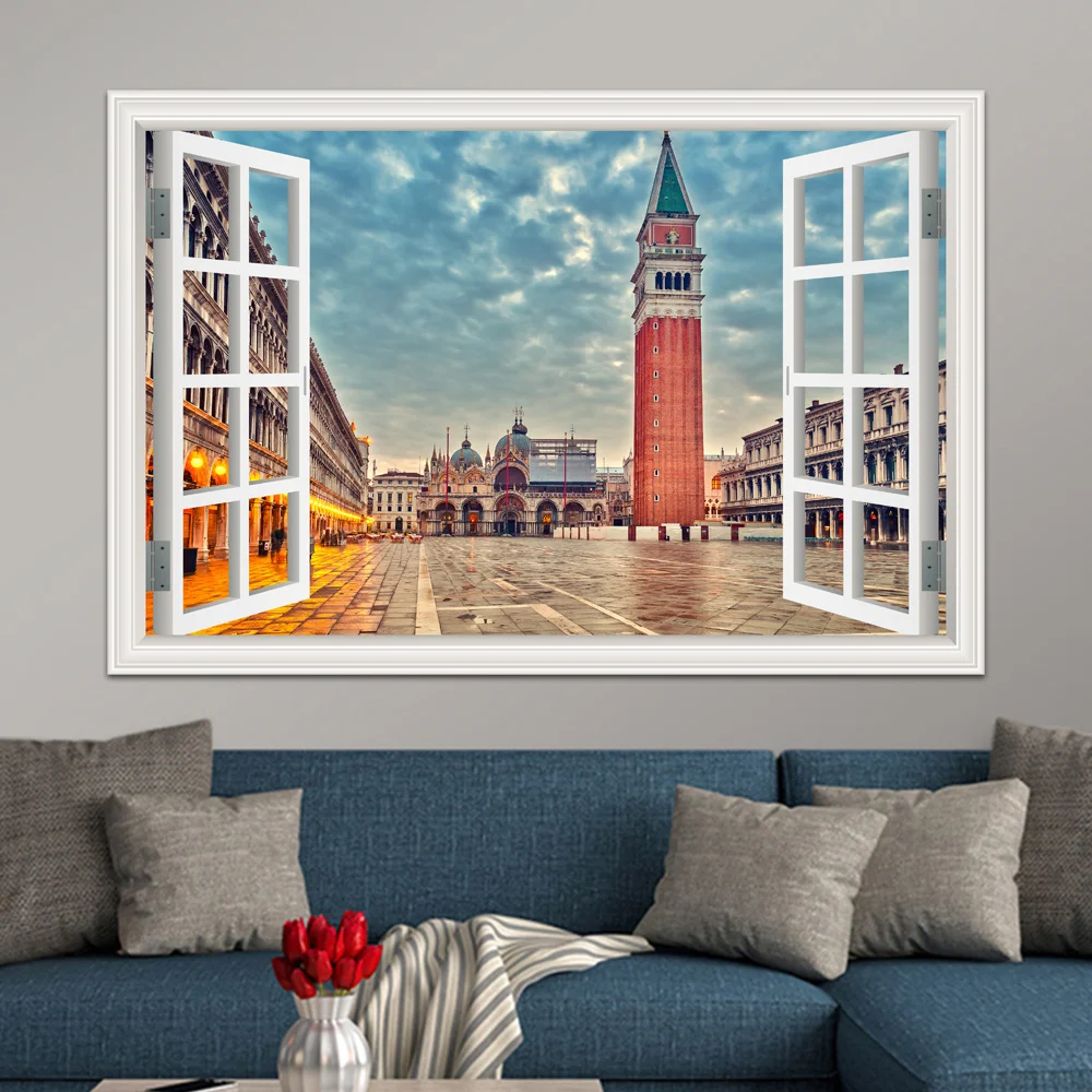 One piece Beautiful City Water Town Scenery 3D Window View Sticker Decal Vinyl Mural Wallpaper Wall PVC Room Decor | Дом и сад