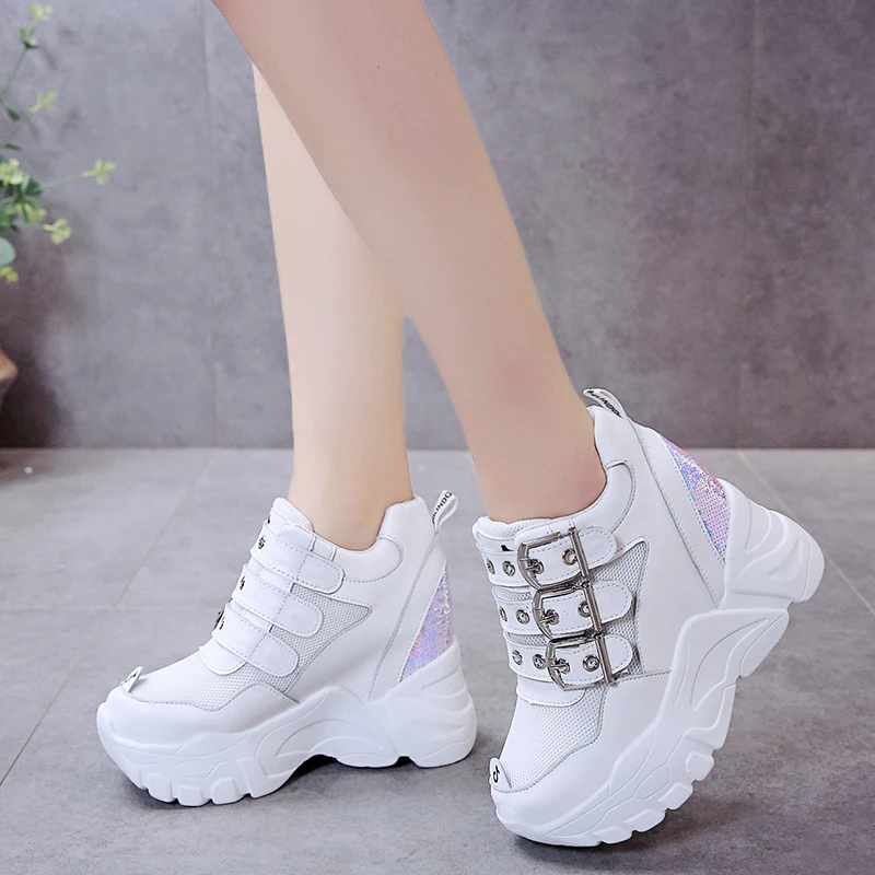 

2020 New Autumn Sneakers Women Breathable Mesh Casual Trainers White Shoes 9CM Heels Wedge Chunky Shoes Platform Bling Sneakers