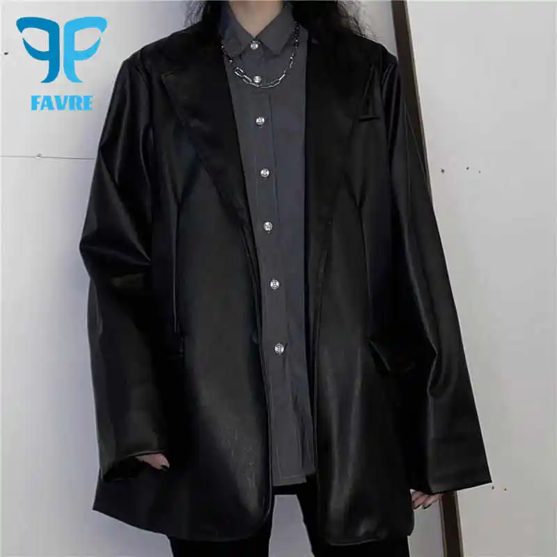 

Куртка женская кожаная свободного покроя, с длинным рукавом, в Корейском стиле