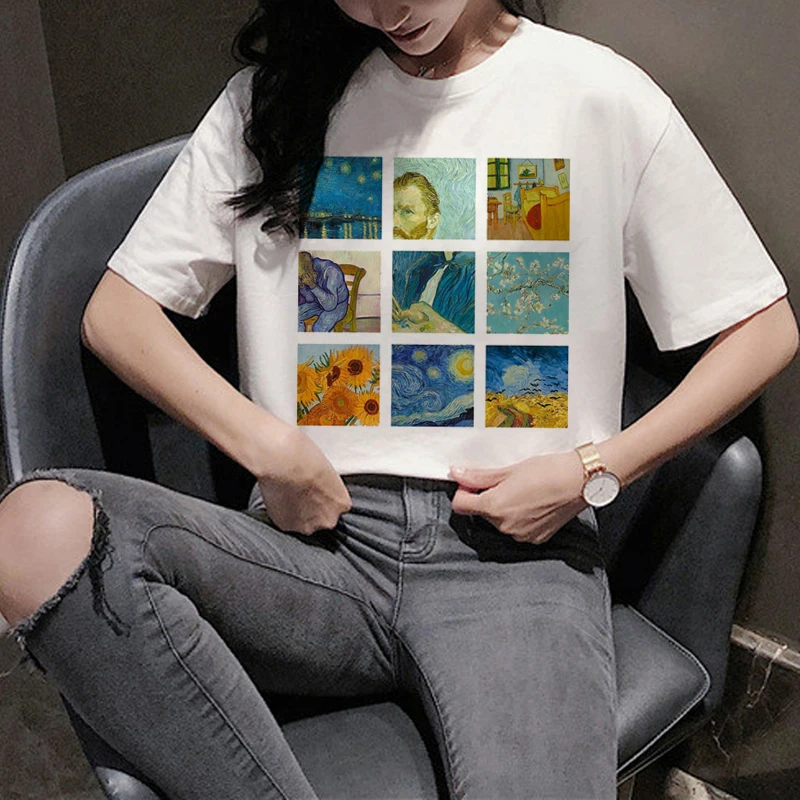 Harajuku Van Gogh Funny Cartoon T Shirt Women Ullzang Aesthetic Print T-shirt 90s Graphic Vintage Tshirt Korean Top Tees Female | Женская