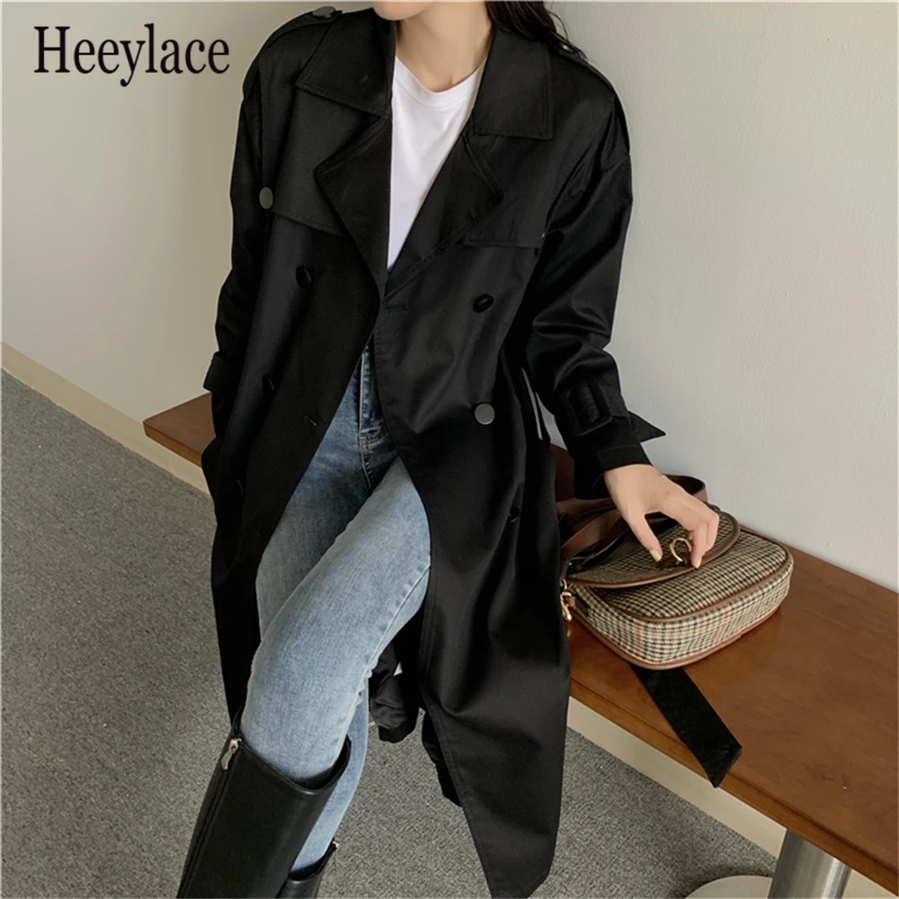 

Long Trench Coat Femme Office Lady High Street Vintage Chic Women Autumn 2021 Overcoats Straight Windbreaker Manteau