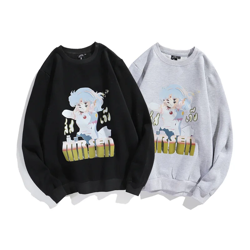 

2021 Autumn Winter New Loose Sweatshirt Men Crewneck Plus Velvet Long-Sleeved Harajuku Cartoon Print Couple Streetwear Tops