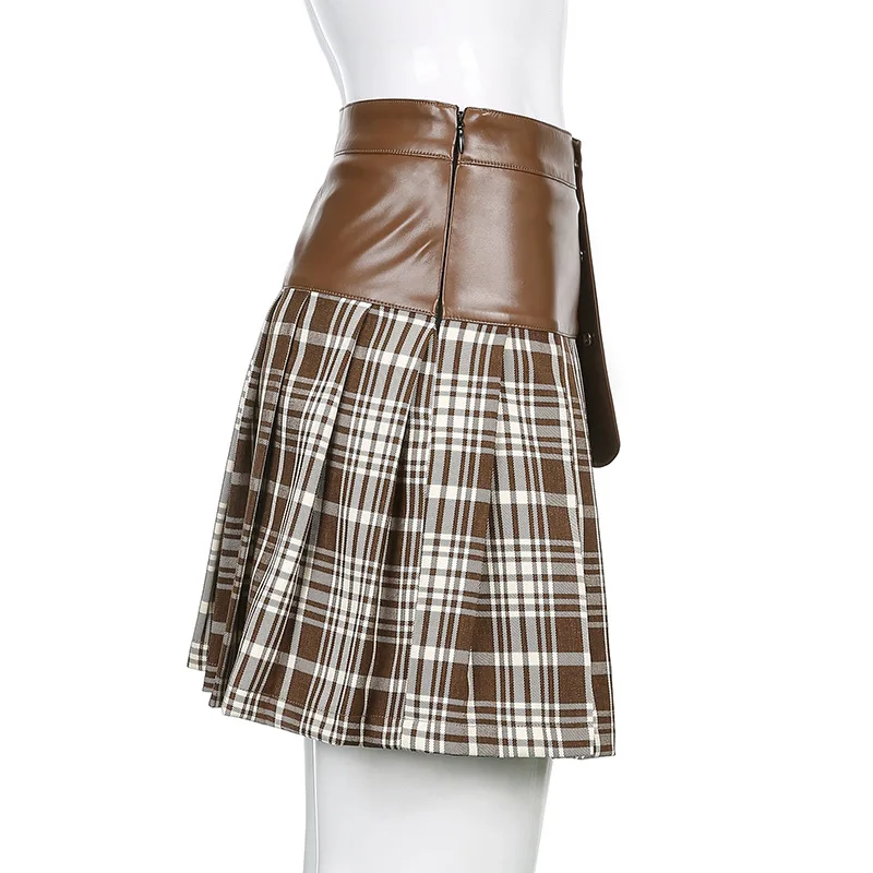 

Womens Hong kong-Style Chic Plaid Pleated Lolita Skirt High Waist Hip Patchwork Thin Leather Gothic Skirts Streetwear
