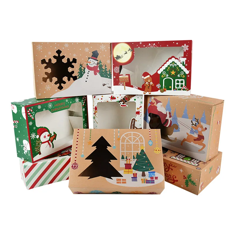 

4pcs/set Christmas Kraft Paper Gift Box Xmas Tree Snowflake Santa DIY Clear Window Candy Box Navidad New Year Xmas Decoration