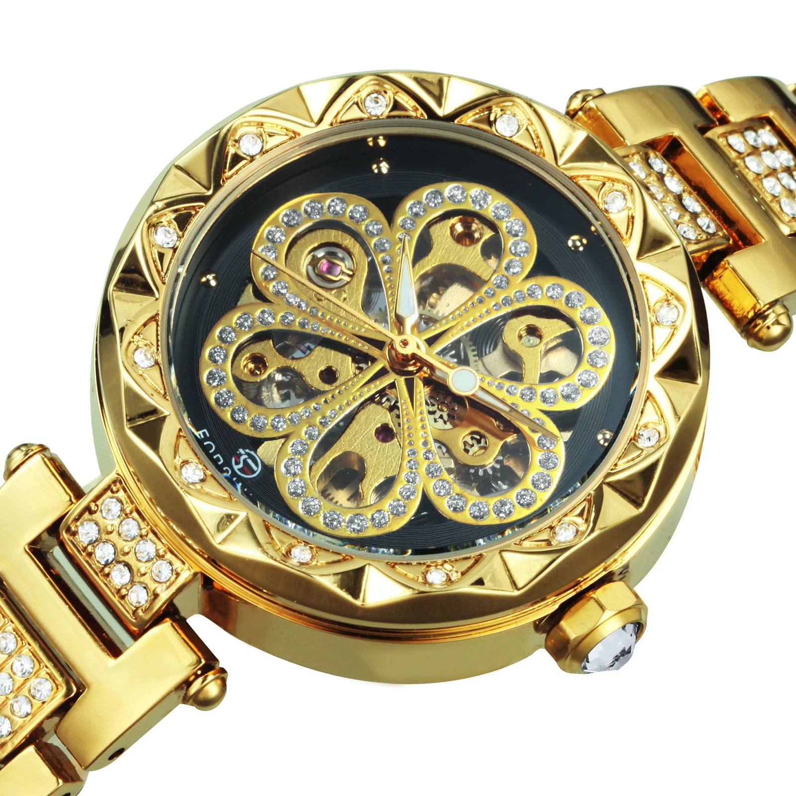 Часы наручные Forsining женские механические брендовые Роскошные модные золотистые