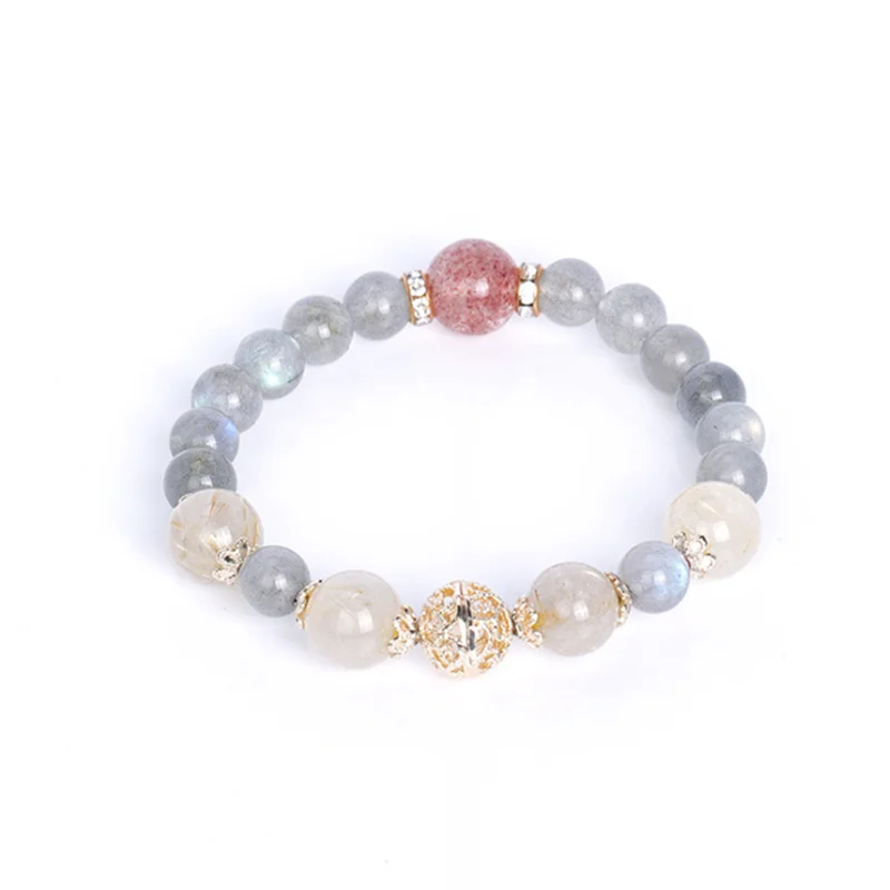 

Moonstone Bracelet With Strawberry Crystal Bead For Women Girl Natural Stone Bangles Golden Rutilated Quartz Jewelry Accessories