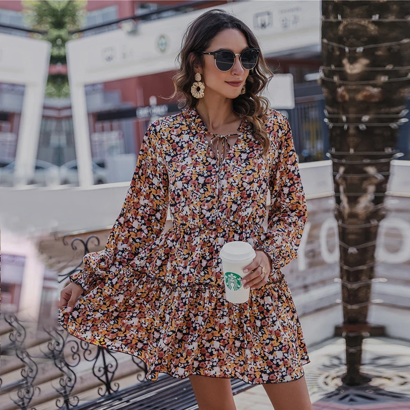 

Женское облегающее платье выше колена, Элегантное повседневное платье с длинным рукавом и цветочным принтом, с оборками, Осень-зима 2021