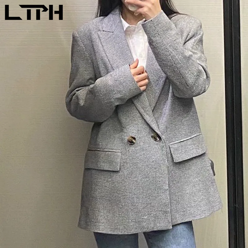 LTPH-chaquetas a cuadros estilo vintage americano para mujer, abrigos holgados de manga larga con doble botonadura, primavera 2021
