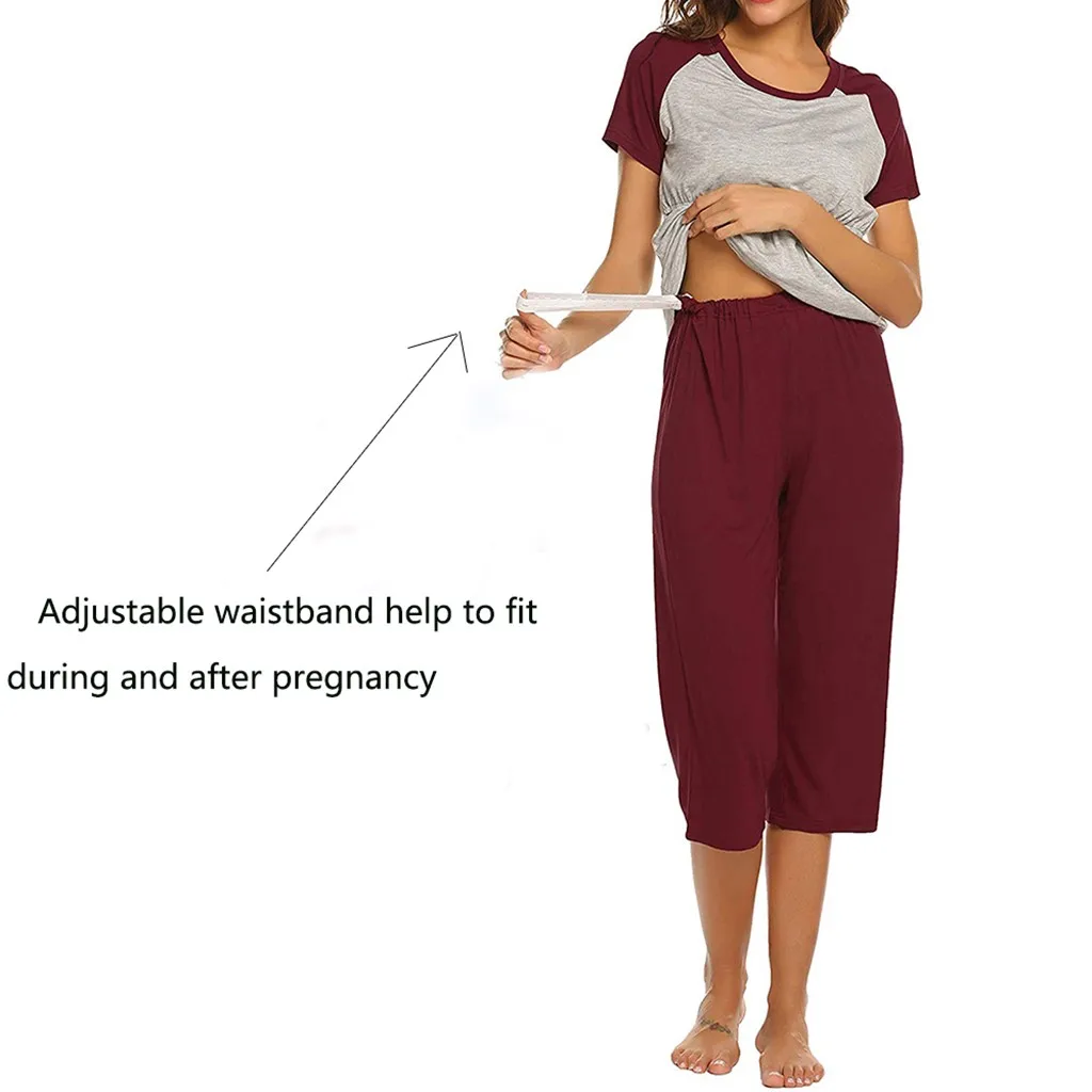 2019 Maternity maternity short-sleeved solid color stitching breastfeeding top T-shirt +4/3 pants suit костюм для беременных 40* |
