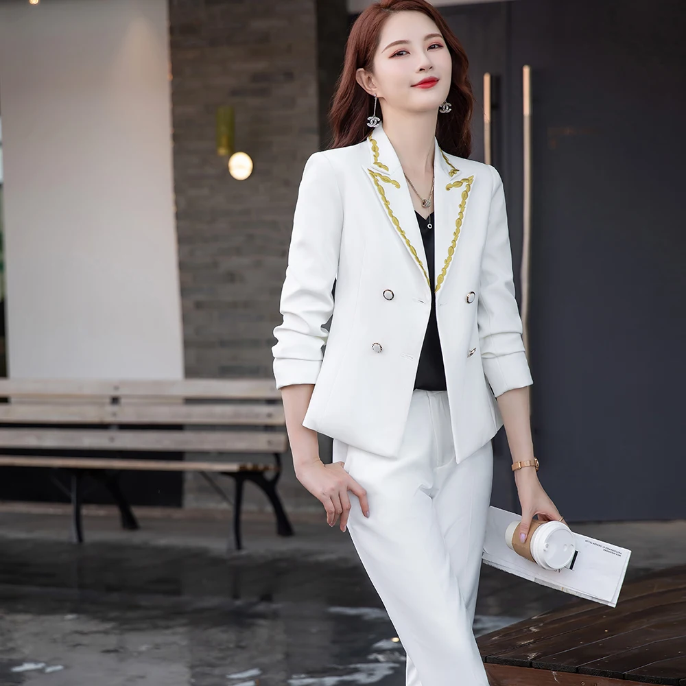 2021 New Autumn White Women's Pants Suit 2 Pieces Set Formal Ladies Double Breasted Blazer Jacket Business Work Trousers Suits