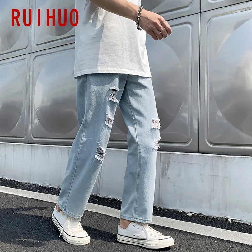 

Рваные джинсы RUIHUO длиной до щиколотки, модные мужские джинсы в Корейском стиле, большие повседневные мужские джинсы, объемные джинсы, осень ...