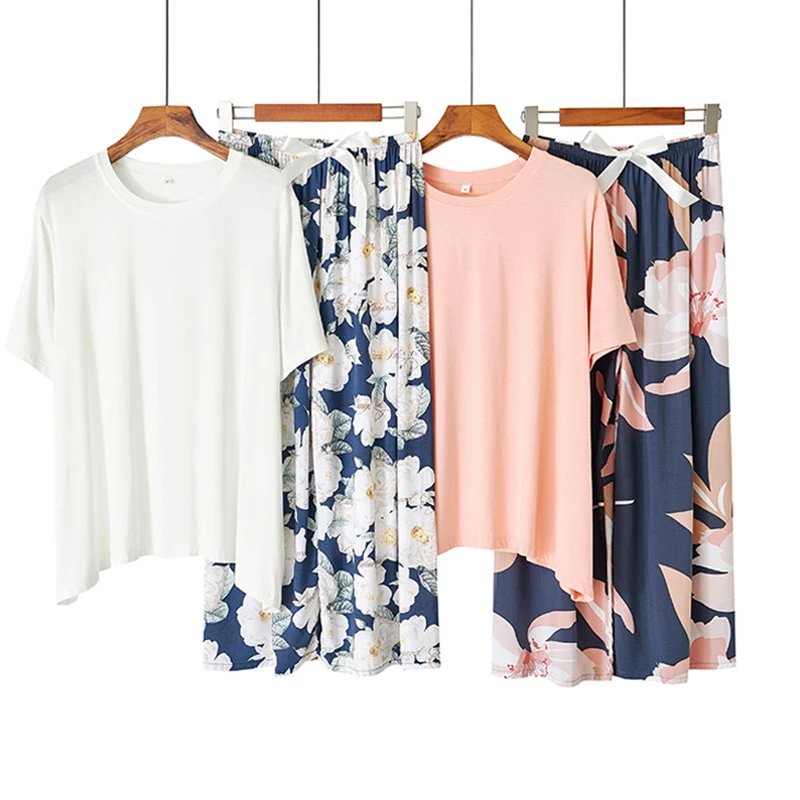 

Pajamas Women Sets Floral Print Short Sleeve Top Trousers Lounge Wear Home Service Suit Casual Pj Sets for Women Outfits Loose